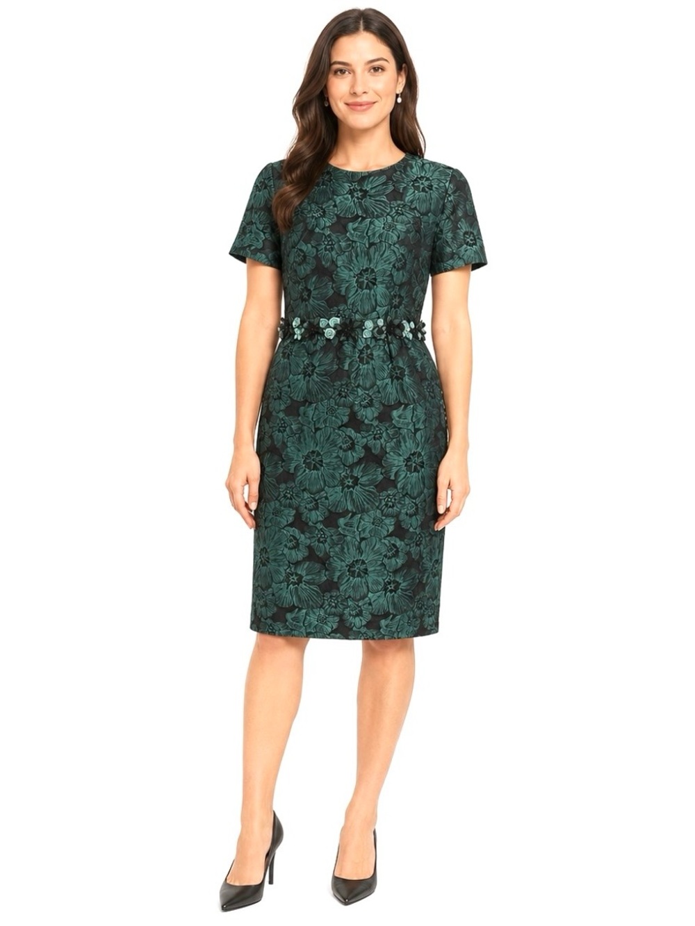 Sara Emanuel, Emerald Floral Jacquard 3D Appliqué Cocktail Dress, Size 10 EUC